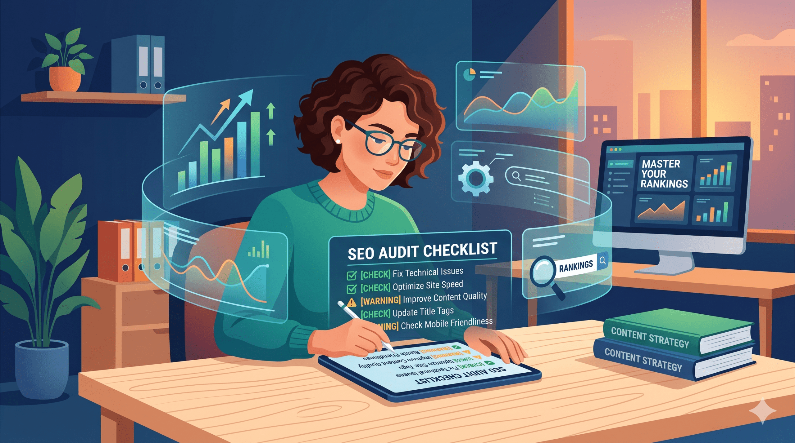 A person at a desk reviewing a digital SEO audit checklist with holographic data charts and ranking graphs in a modern office.