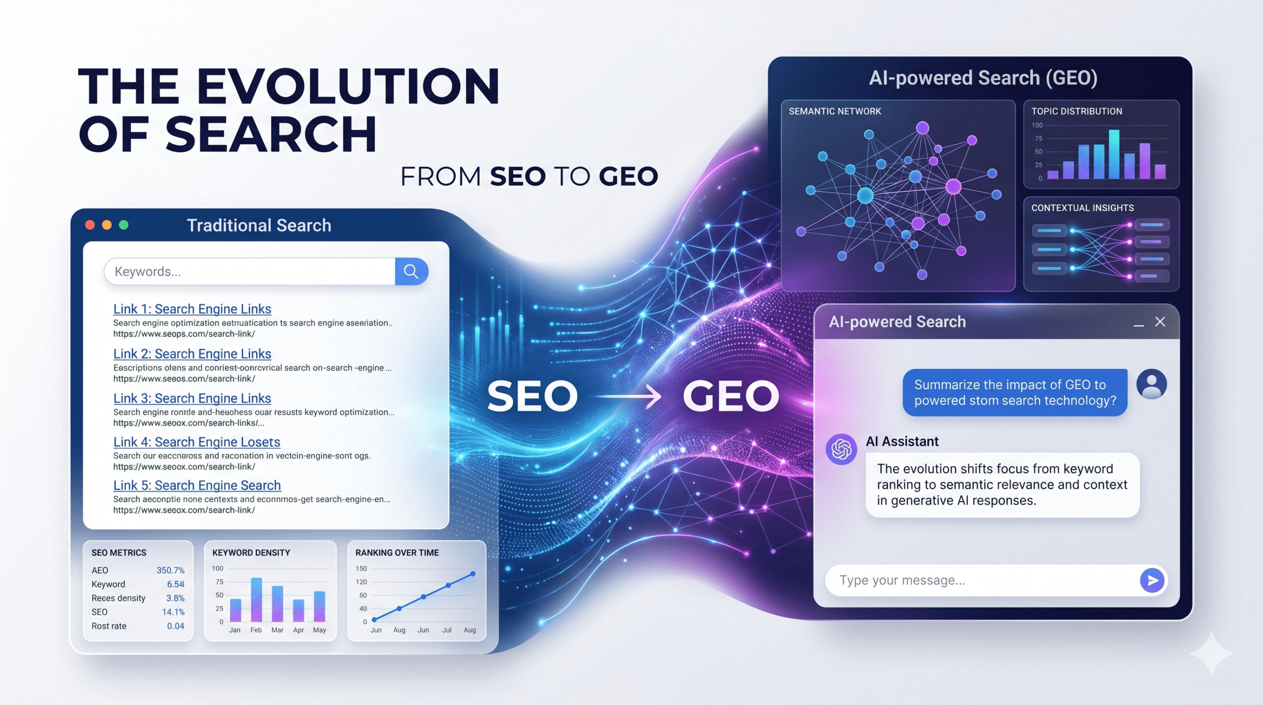 Future of search showing transition from SEO to AI search optimization GEO with chatbot interface